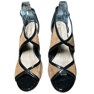 Antonio Melani size 8.5 brown suede and black 4 inch heels with a peep toe.